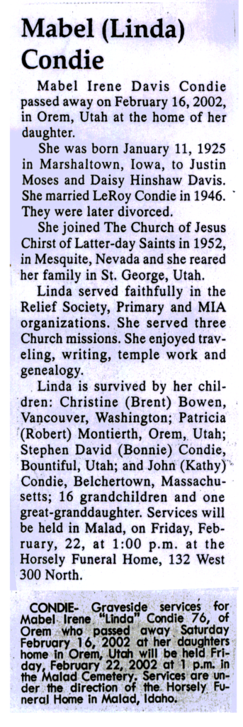 Mabel Irene (Linda) Davis Condie obit