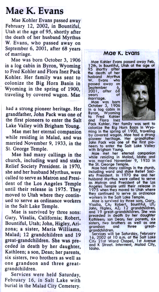 Mae Kohler Evans obit
