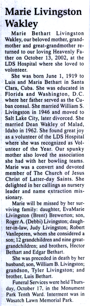 Marie Bethart Livingston Wakley obit