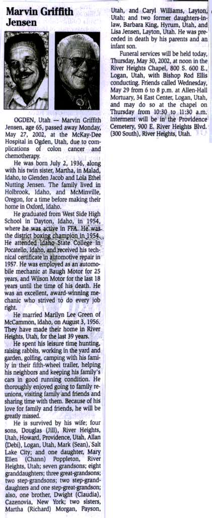 Marvin Griffith Jensen obit