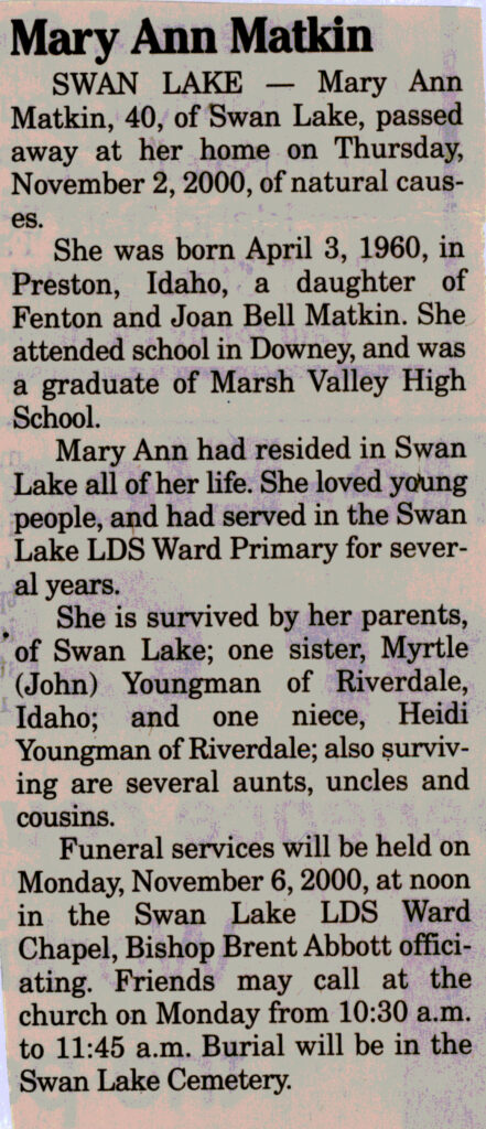 Mary Ann Matkin obit