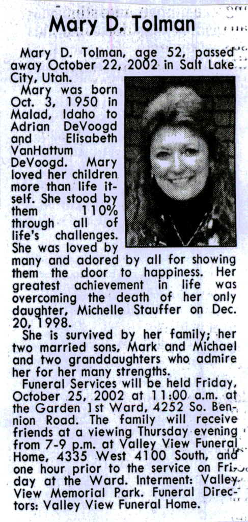 Mary D Tolman obit