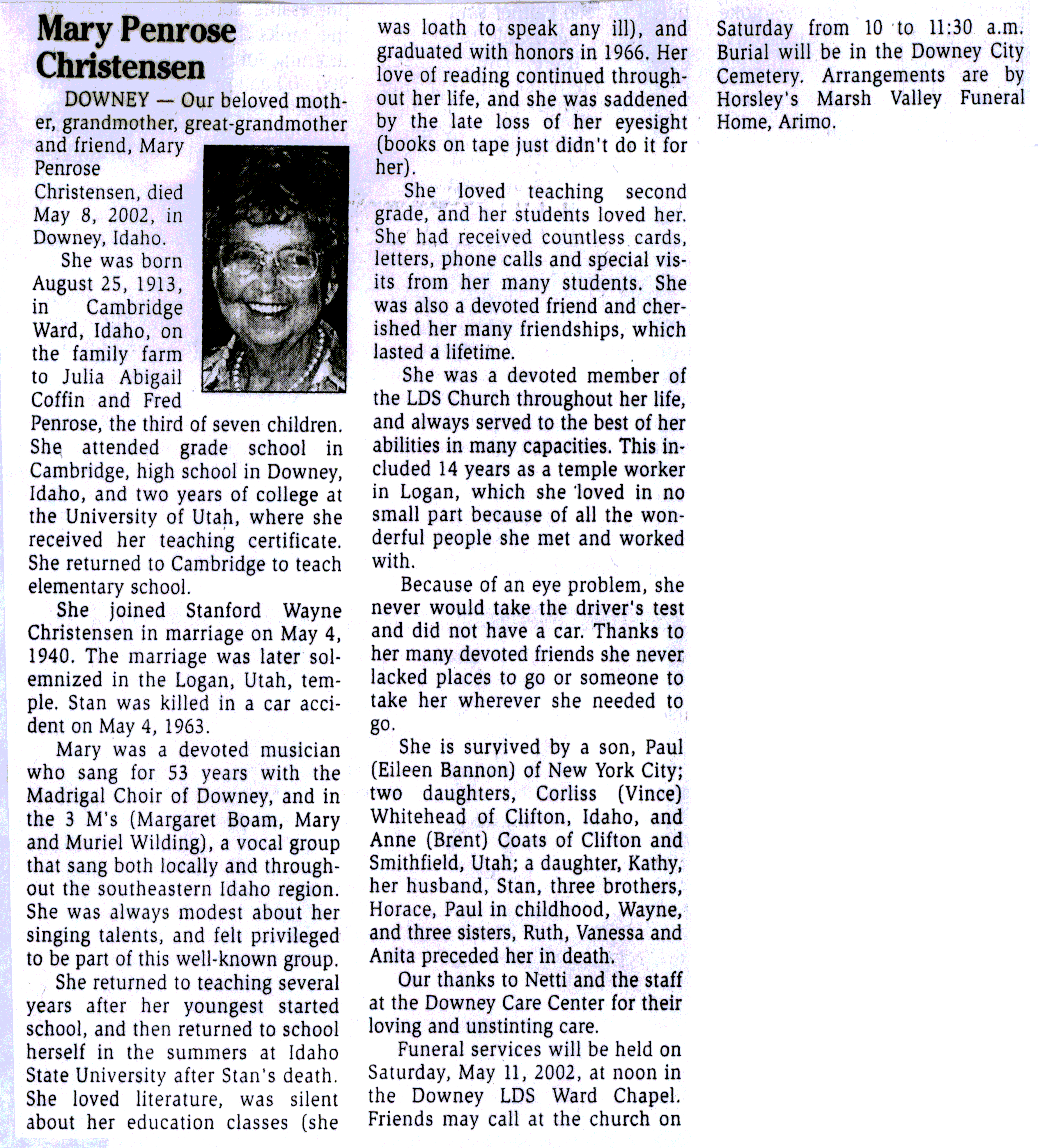 Mary Penrose Christensen obit