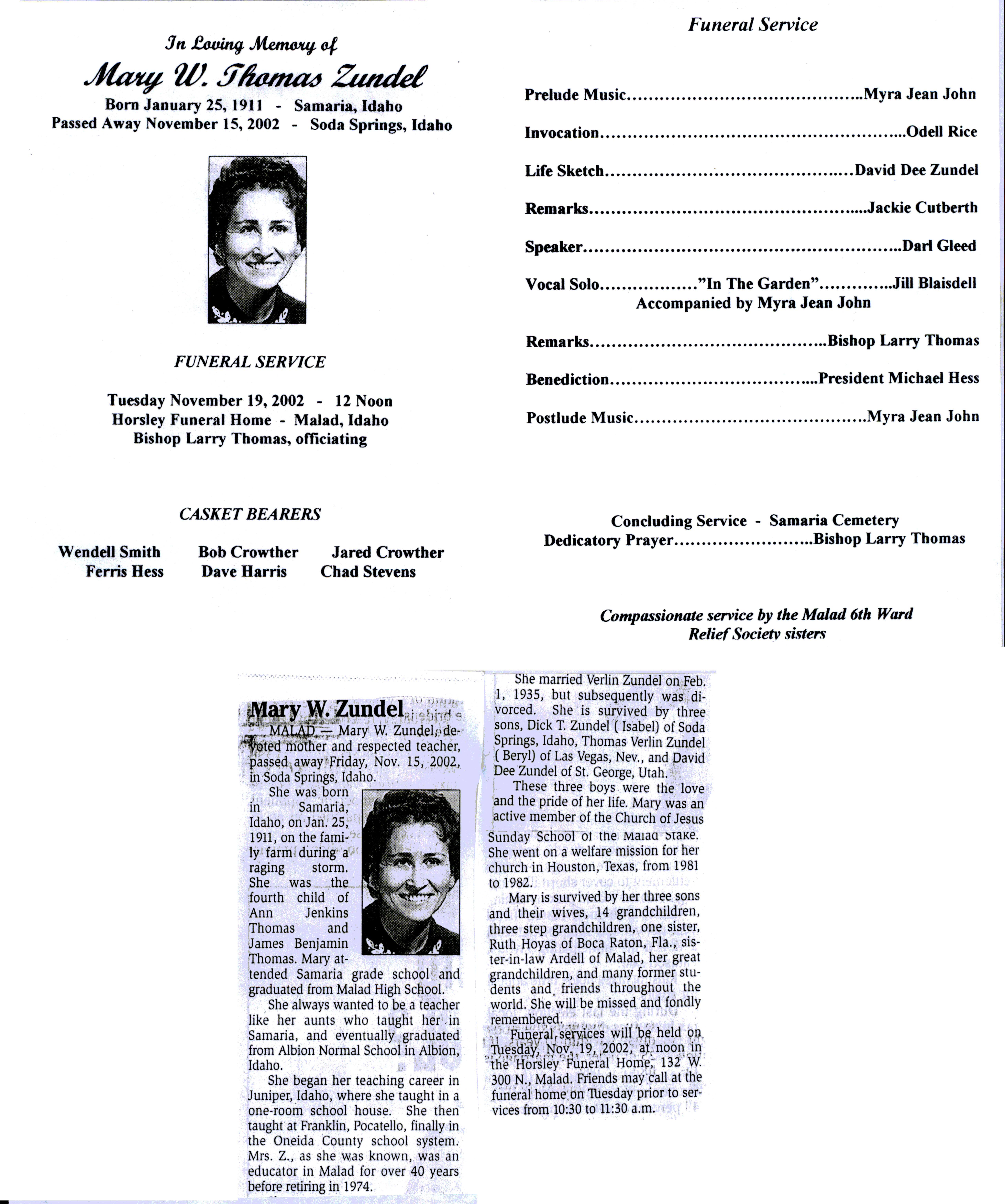 Mary W Thomas Zundel obit and program