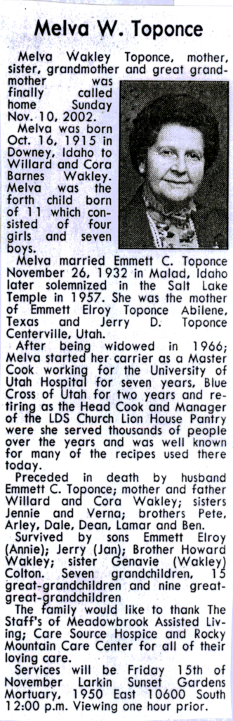 Melva Wakley Toponce obit