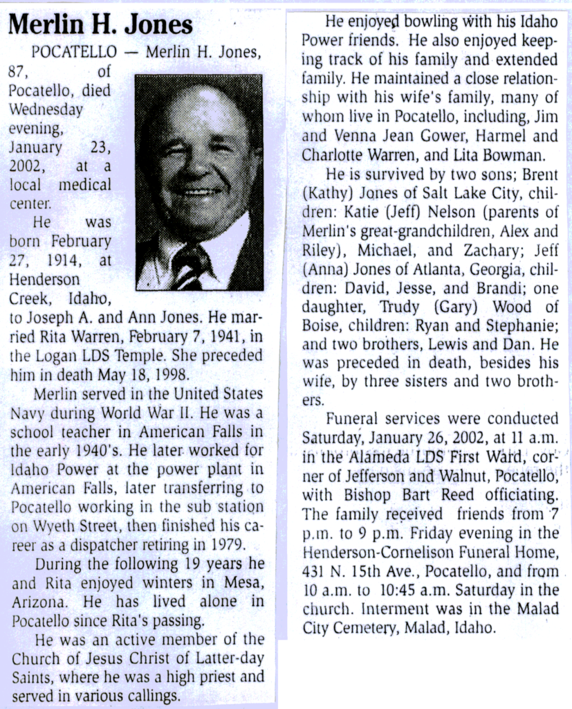 Merlin H Jones obit