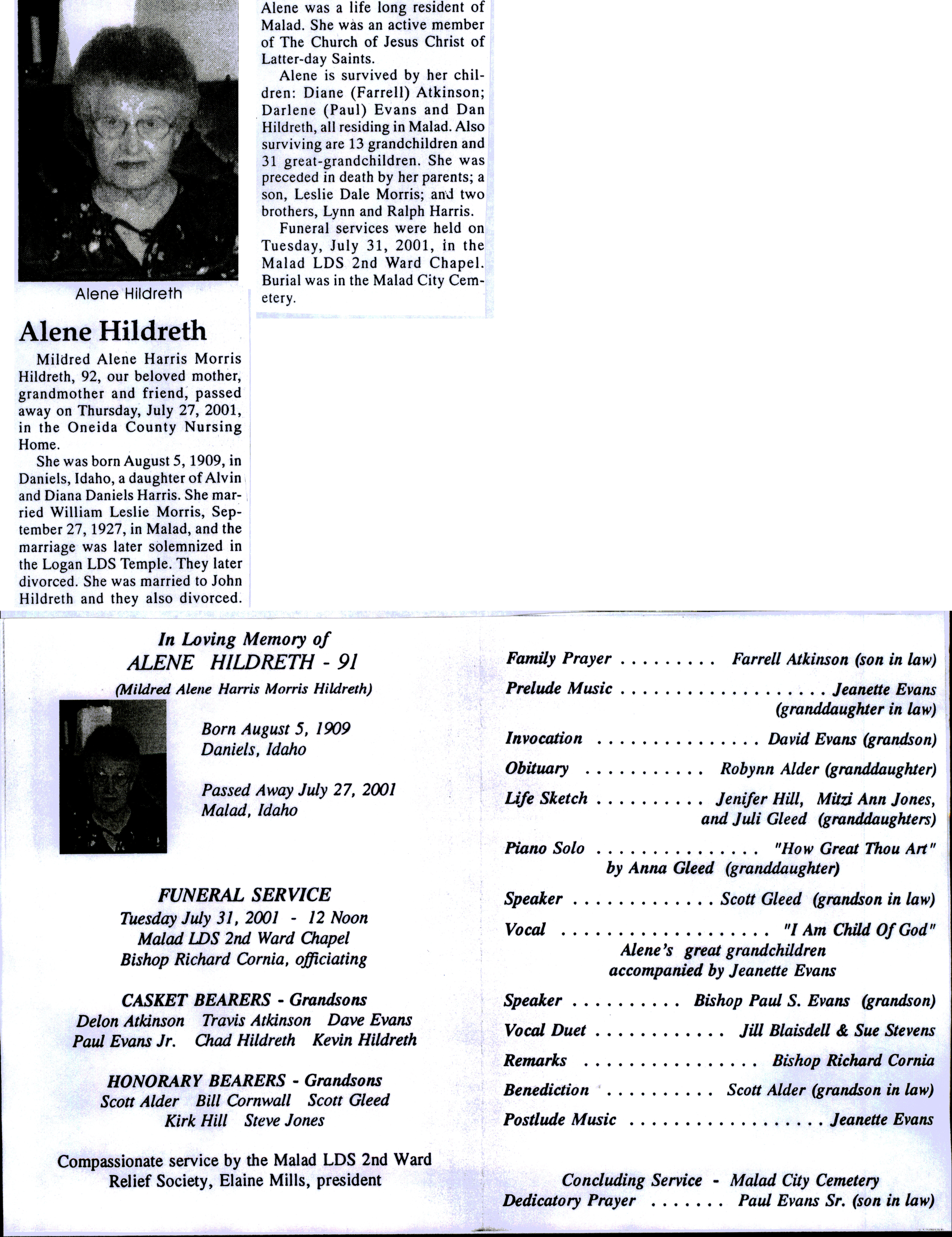 Mildred Alene Harris Morris Hildreth obit and program