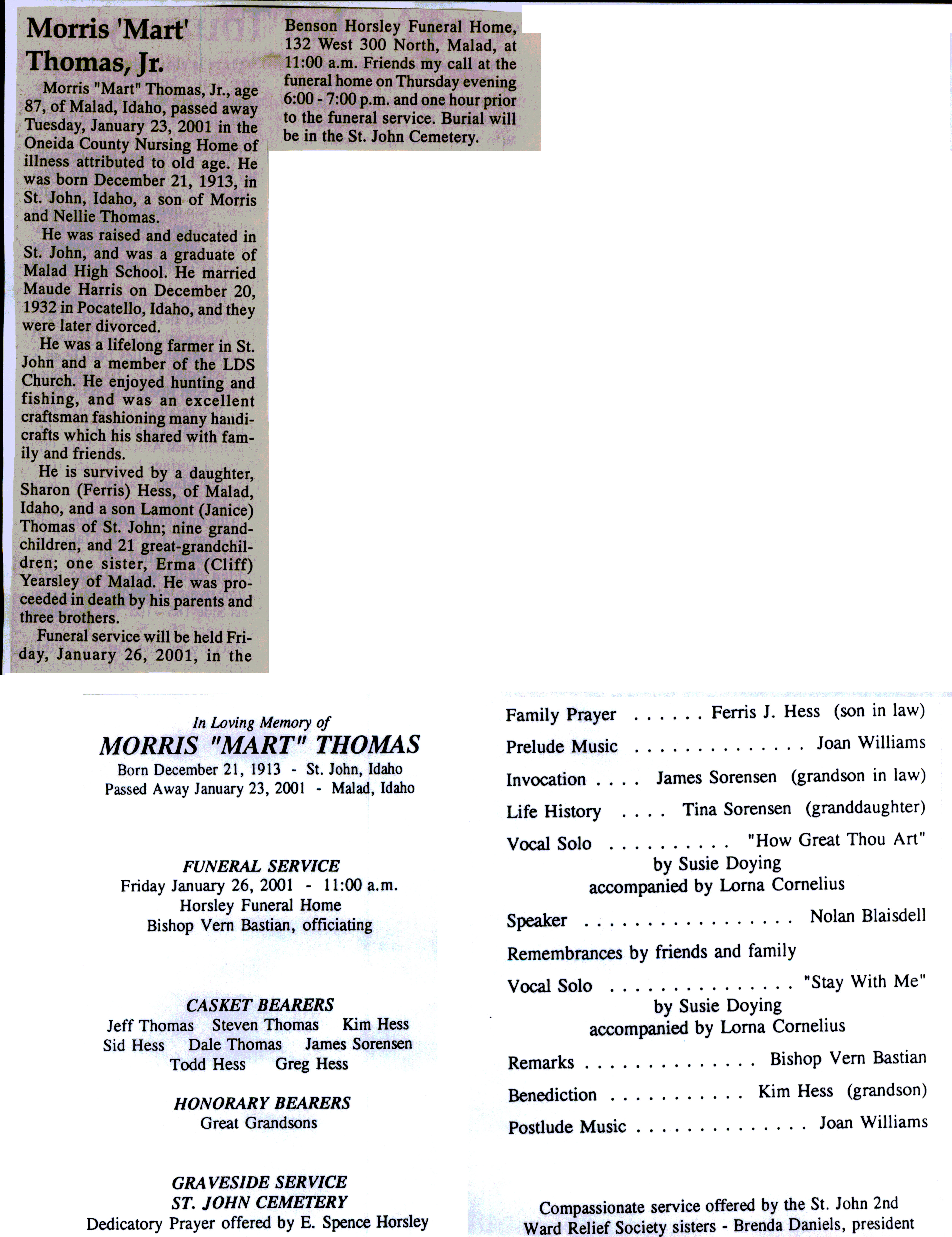 Morris (Mart) Thomas obit and program