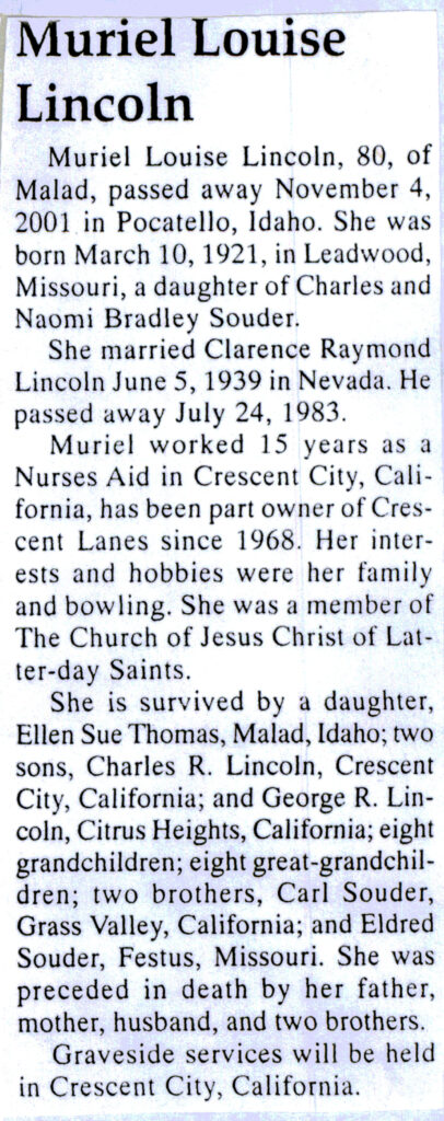 Muriel Louise Lincoln obit