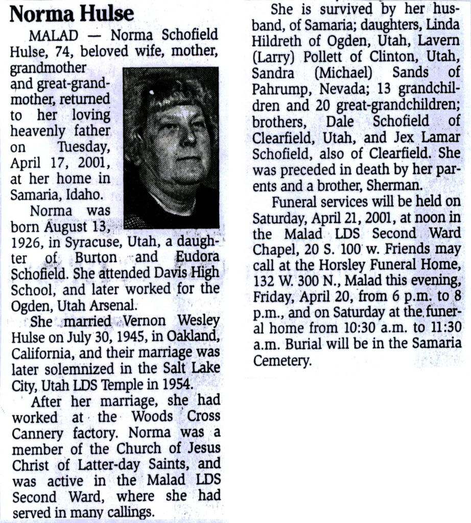 Norma Schofield Hulse obit