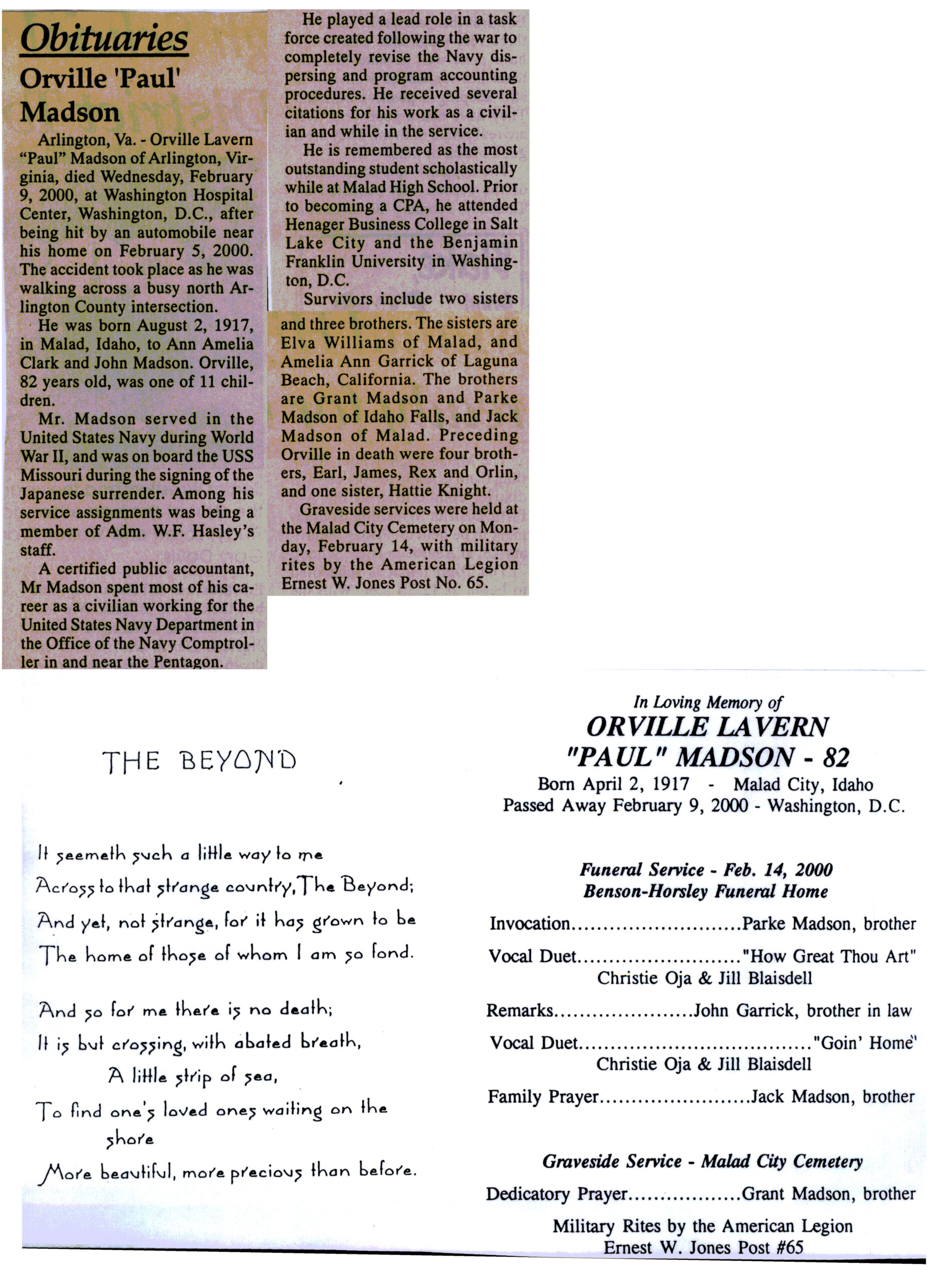 Orville (Paul) Lavern Madson obit and program