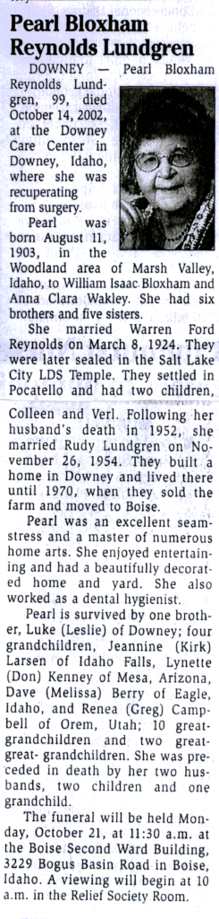 Pearl Bloxham Reynolds Lundgren obit