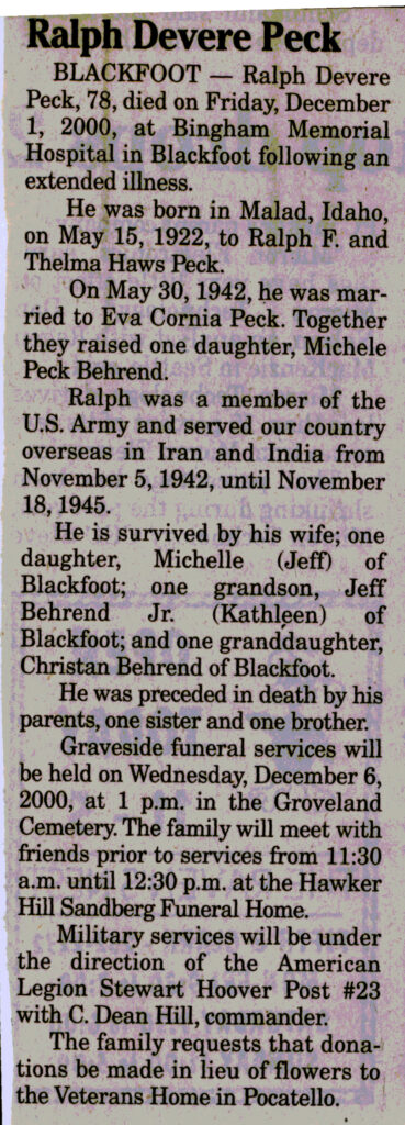 Ralph Devere Peck obit