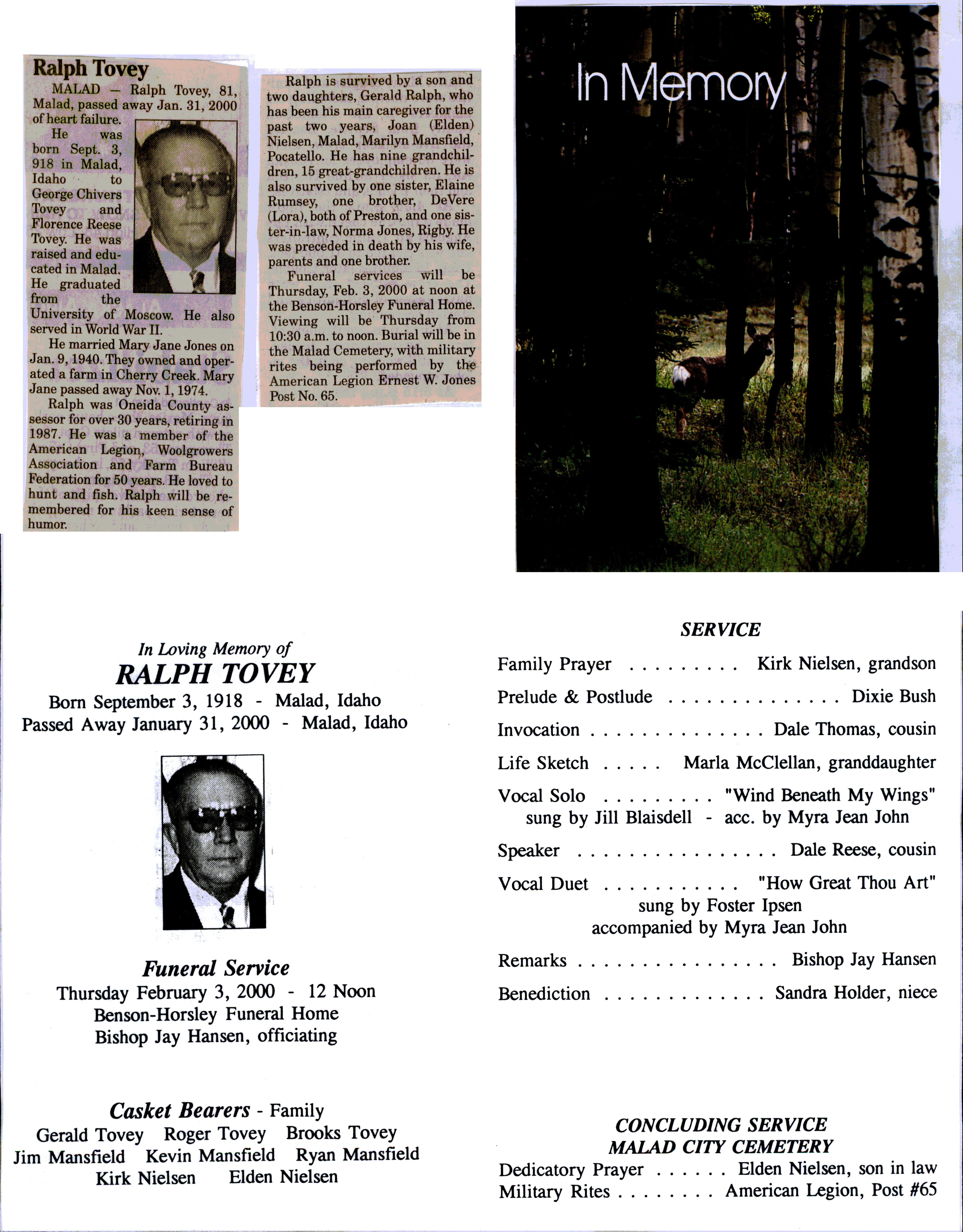 Ralph Tovey obit and program