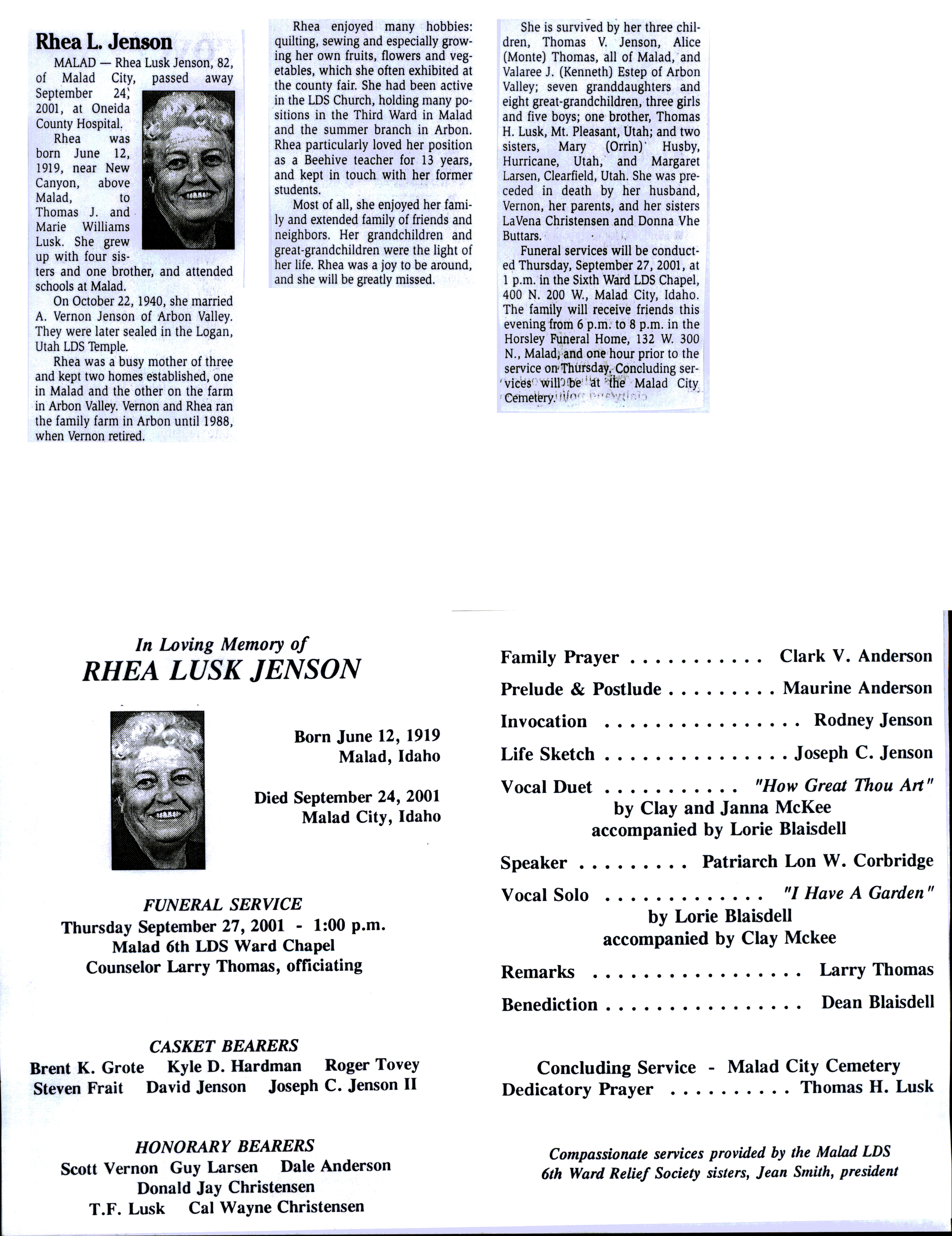 Rhea Lusk Jenson obit and program