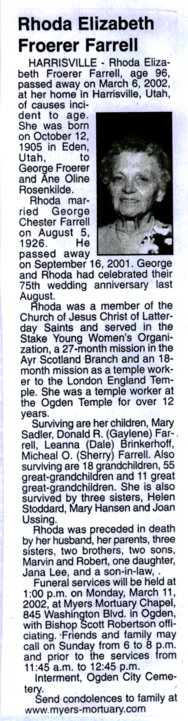 Rhoda Elizabeth Froerer Farrell obit