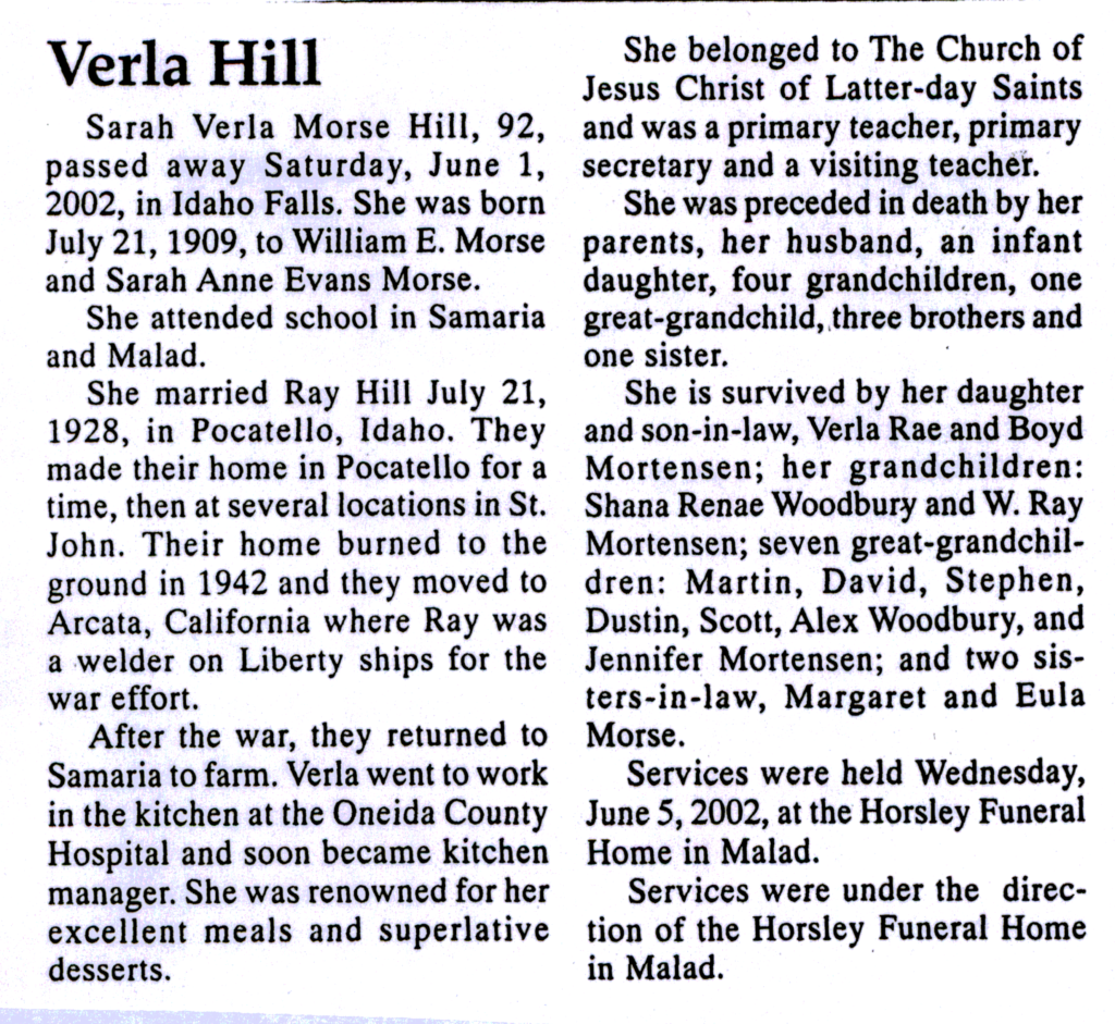 Sarah Verla Morse Hill obit
