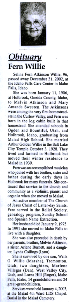 Selina Fern Atkinson Willie obit
