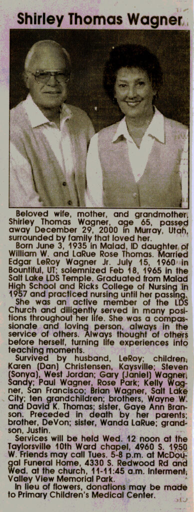 Shirley Thomas Wagner obit