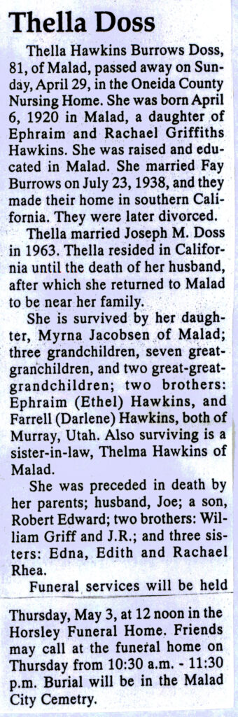 Thella Hawkins Burrows Doss obit