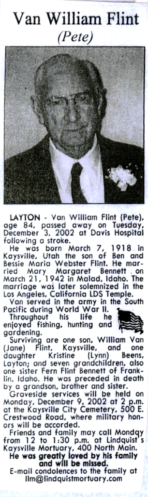 Van William (Pete) Flint obit