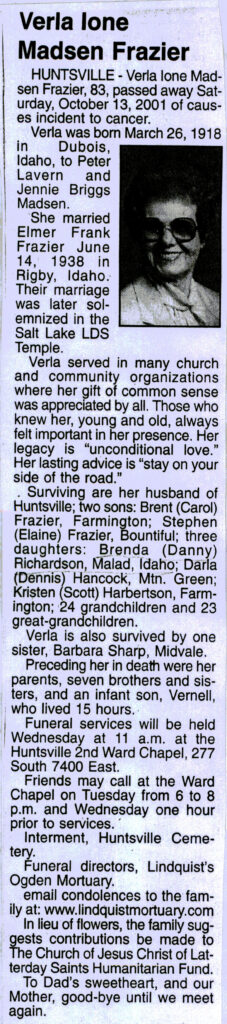 Verla Ione Madsen Frazier obit