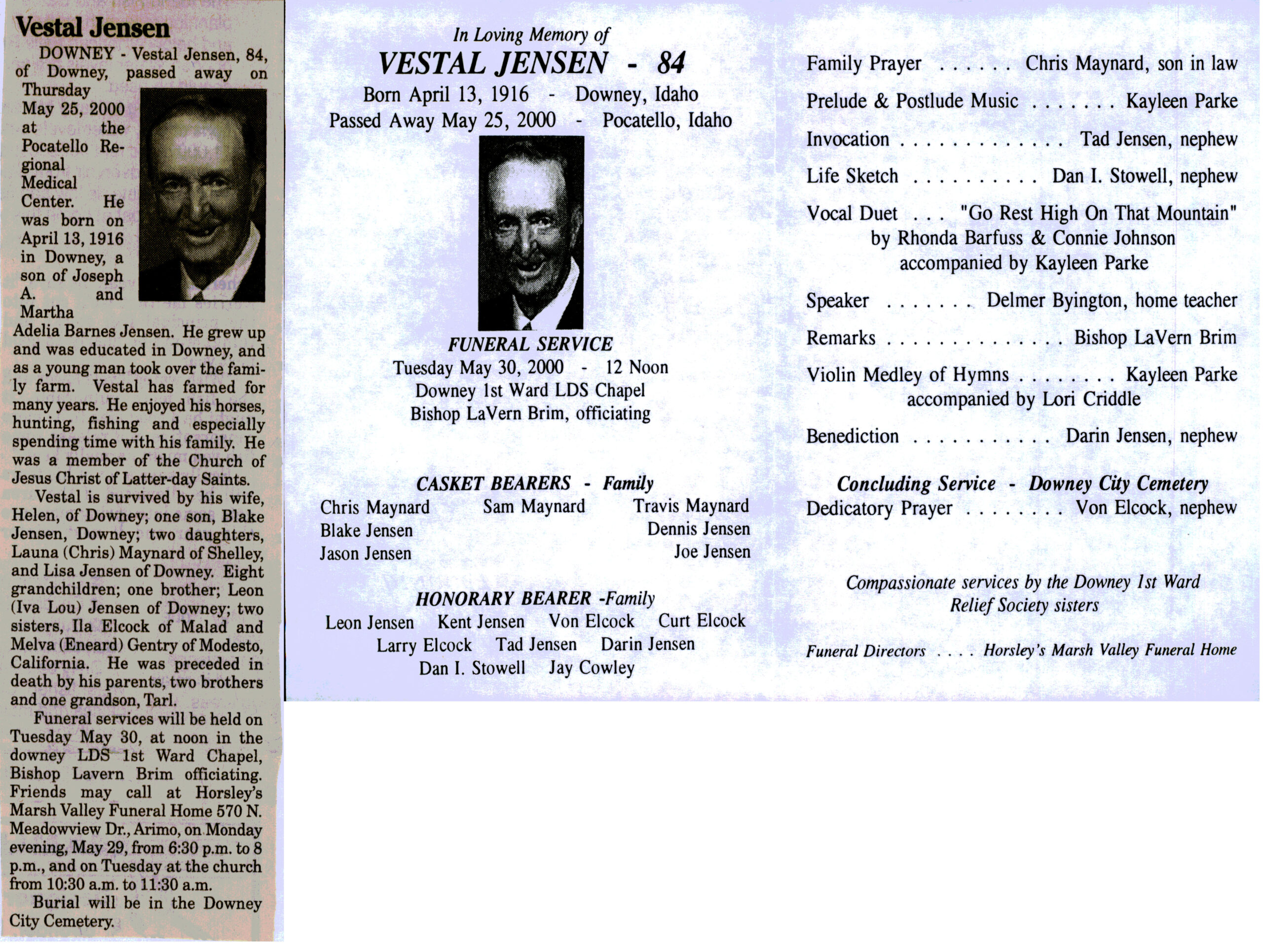 Vestal Jensen obit and program