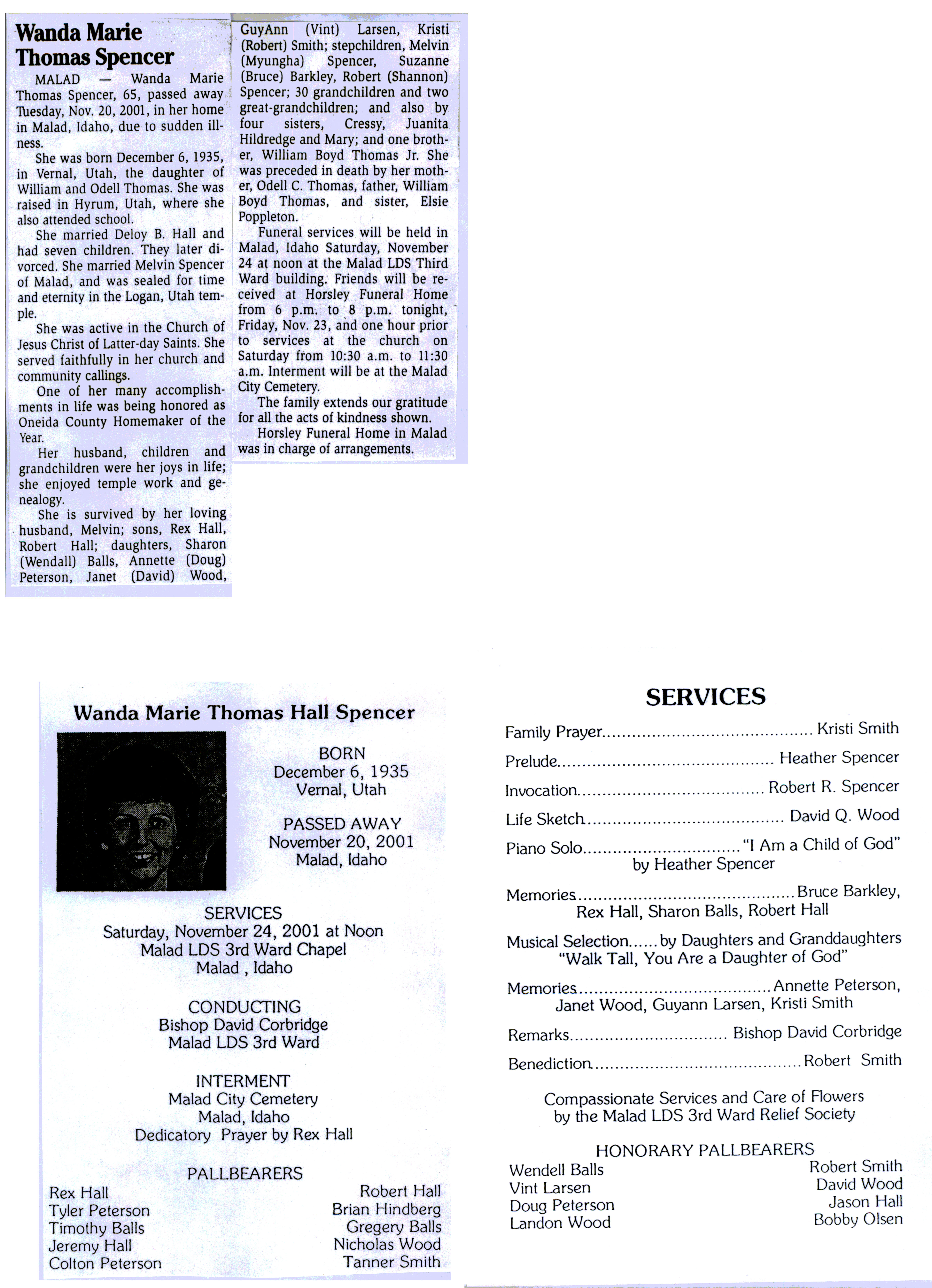 Wanda Marie Thomas Spencer obit and program
