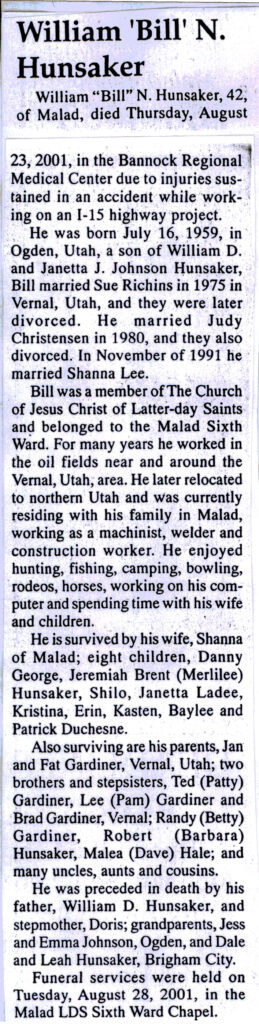 William (Bill) N Hunsaker obit