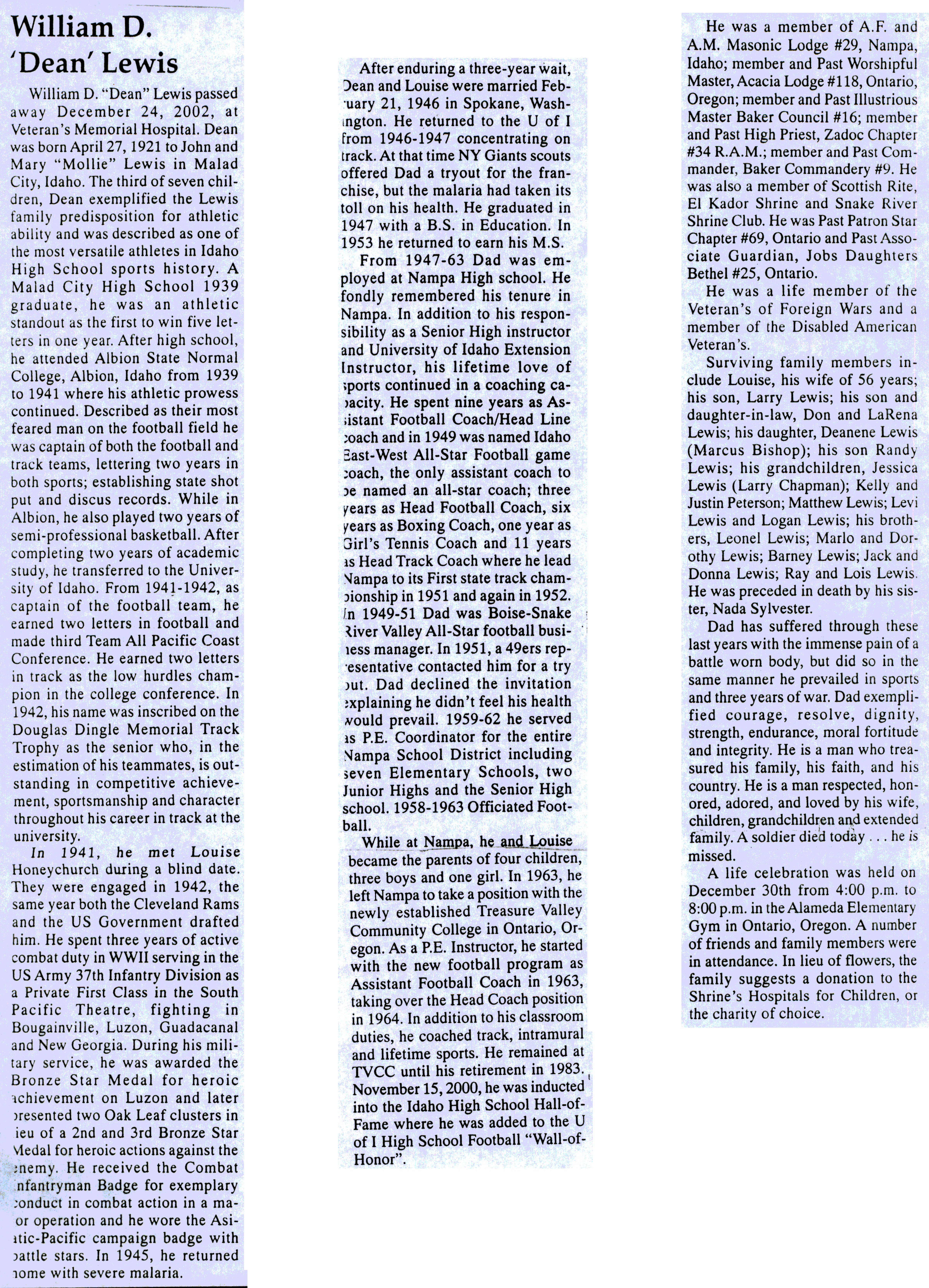 William D (Dean) Lewis obit
