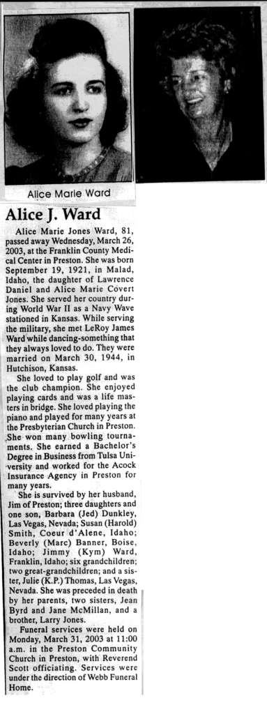 Alice Marie Jones Ward obit