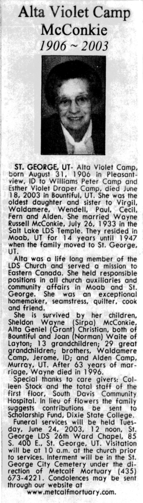 Alta Violet Camp McConkie obit