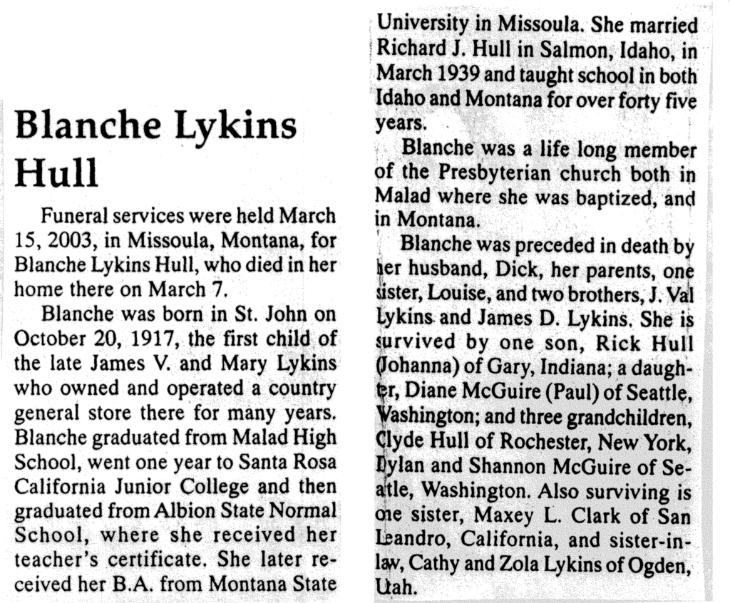 Blanche Lykins Hull obit