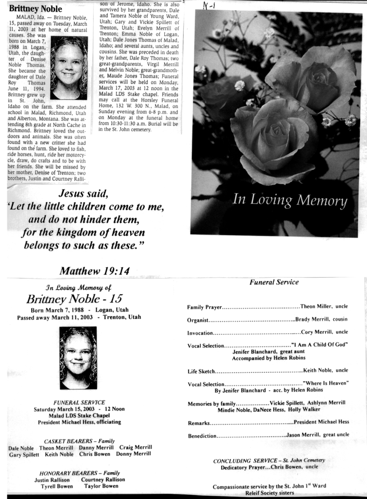 Brittney Noble obit and program