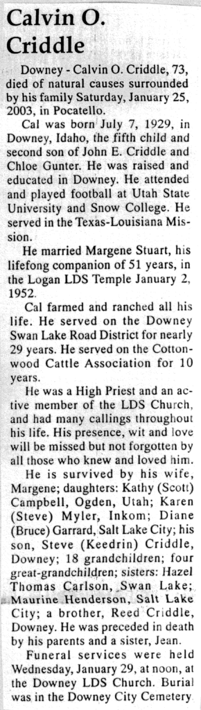 Calvin O Criddle obit