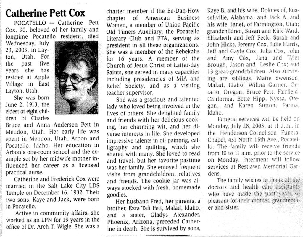 Catherine Pett Cox obit