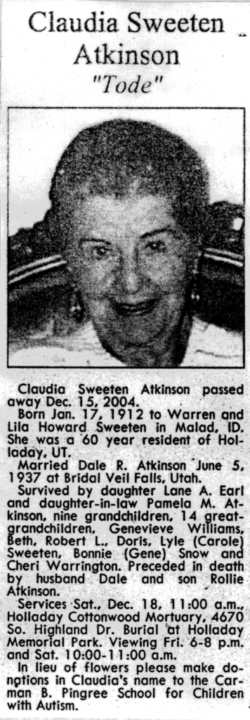 Claudia (Tode) Sweeten Atkinson obit