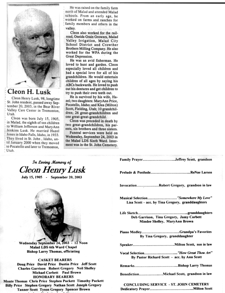 Cleon Henry Lusk obit and progam