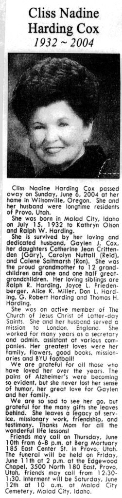 Cliss Nadine Harding Cox obit