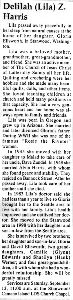 Delilah (Lila) Z Harris obit