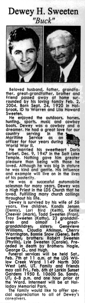Dewey H (Buck) Sweeten obit