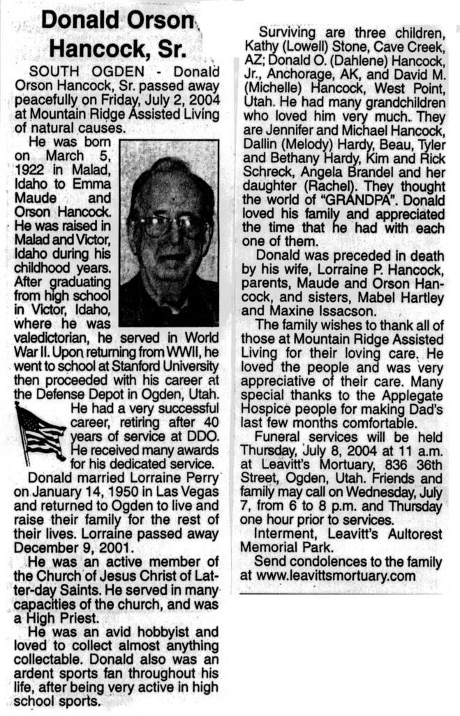 Donald Orson Hancock Sr obit