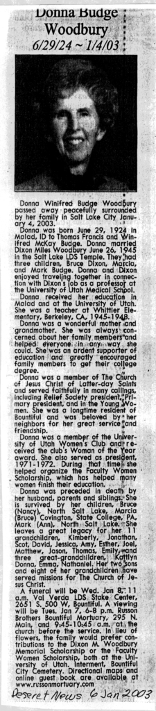 Donna Winifred Budge Woodbury obit