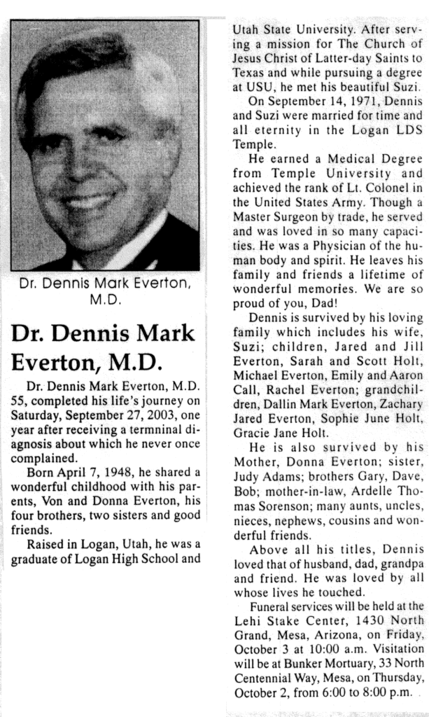 Dr Dennis Mark Everton MD obit