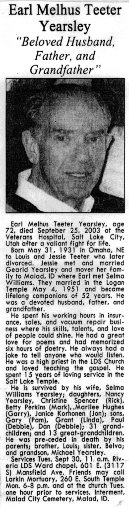 Earl Melhus Teeter Yearsley obit