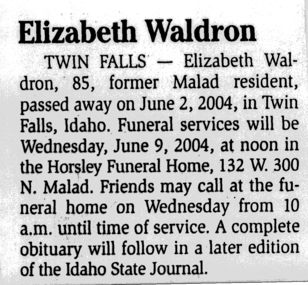 Elizabeth Waldron obit