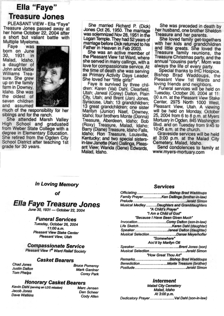Ella (Faye) Treasure Jones obit and program