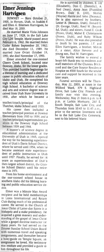 Elmer Jennings Hartvigsen obit