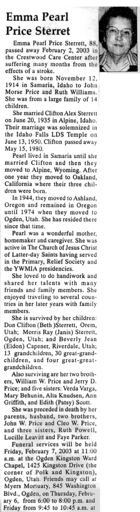 Emma Pearl Price Sterret obit