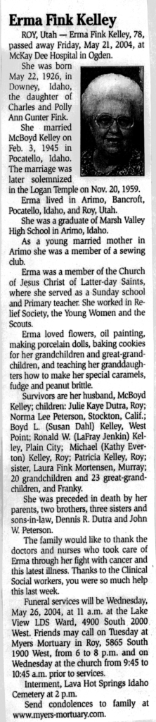 Erma Fink Kelley obit